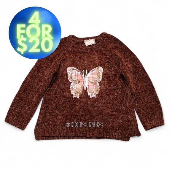 4/$20 - Btween Girls Brown Chenille Comfy Sequin Butterfly Sweater Size 8 - Picture 1 of 7